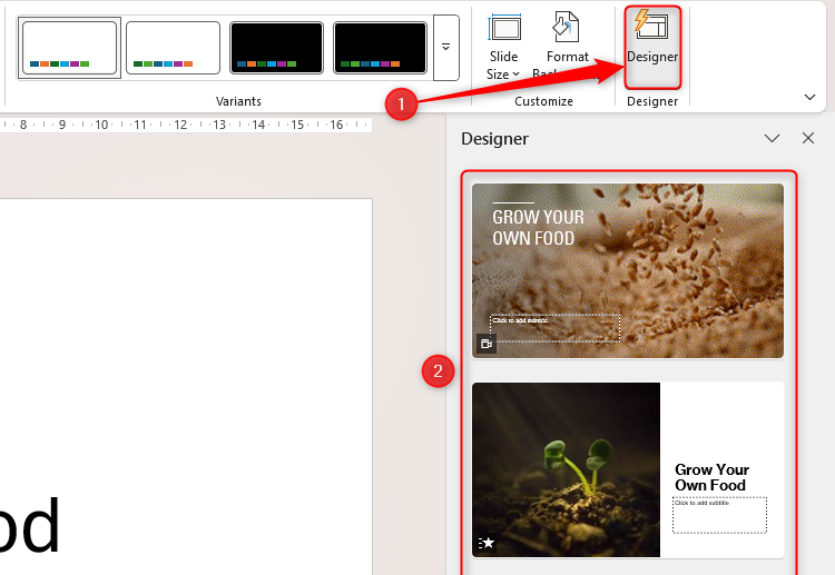 The PowerPoint Designer pane displaying various designs matching the gardening-related title typed on the slide.