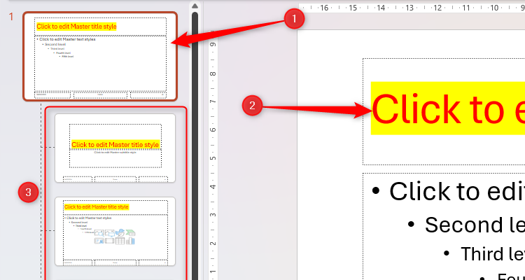 The Slide Master view in PowerPoint, with the title in the master slide changed to red text with yellow highlighting, and the other slides reflecting this change.