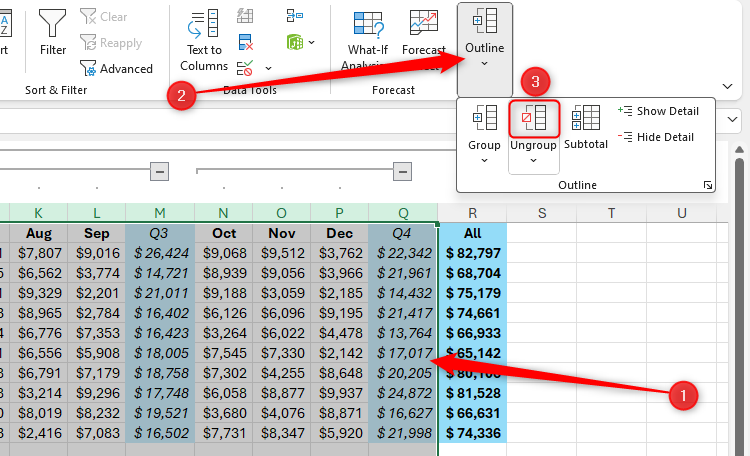 The Ungroup button in the Outline drop-down menu in Excel.