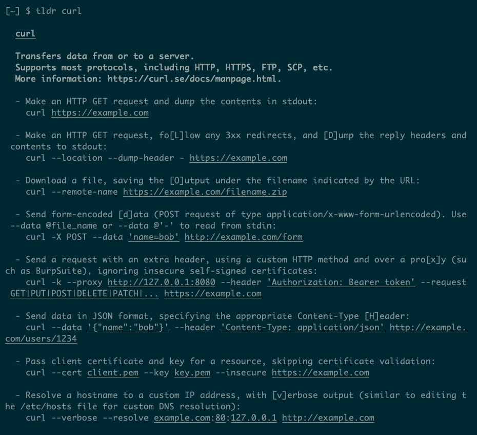 The tldr page for curl shows a brief description, followed by usage examples.