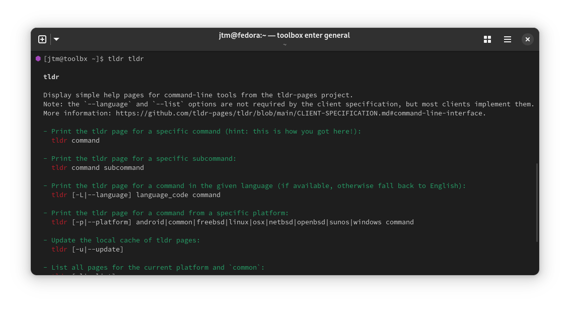 Sample output from the tldr command in a Linux terminal