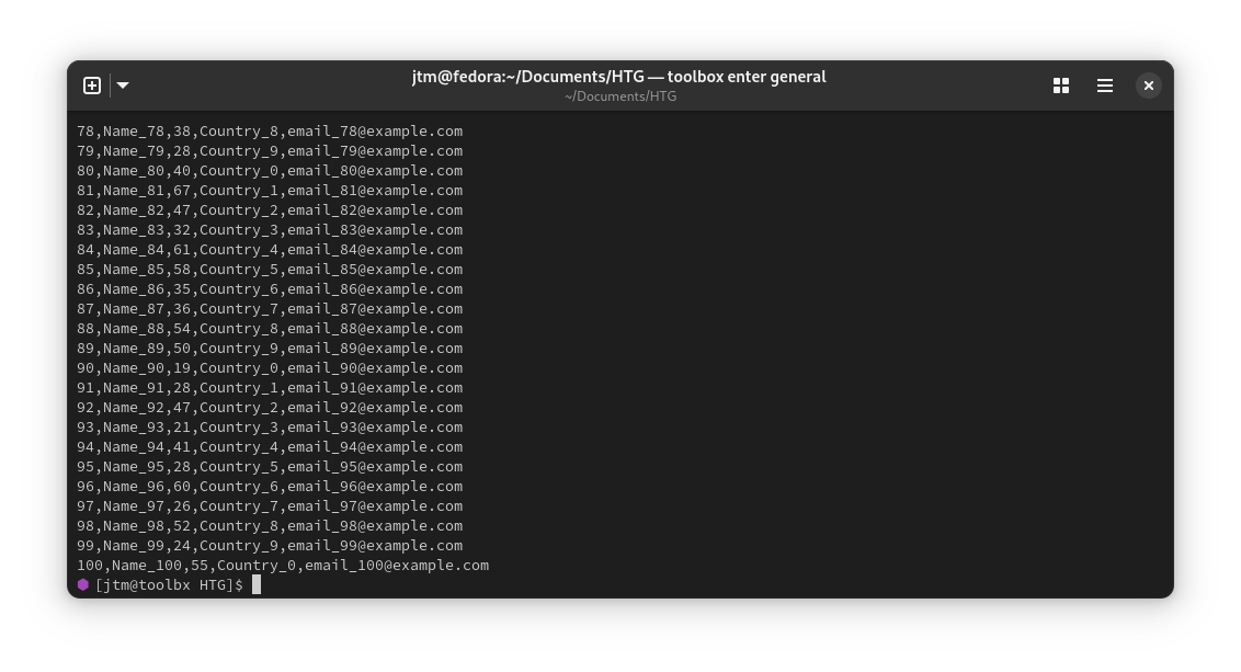 Viewing an example CSV file in a Linux terminal