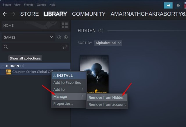 Hidden > Remove from Hidden