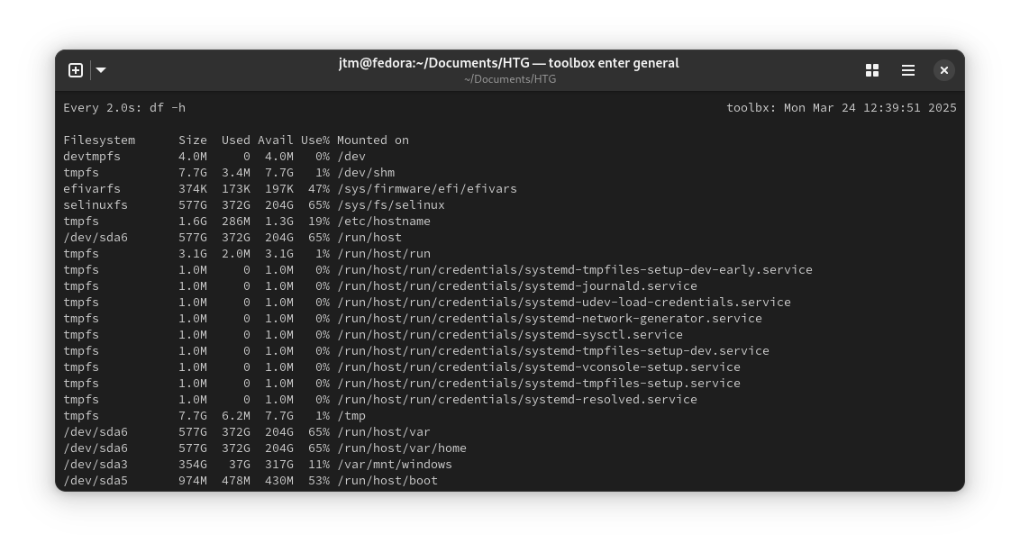 Output from the watch df command in a Linux terminal