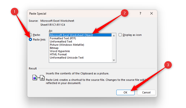 Word's Paste Special dialog box, with the Paste Link radio box checked, and the Microsoft Excel Worksheet Object paste type selected.