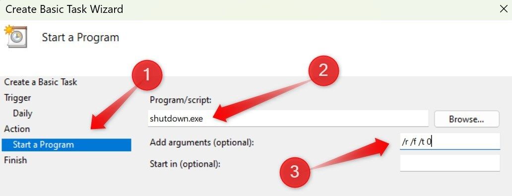 Scheduling a task to restart computer in Task Scheduler.