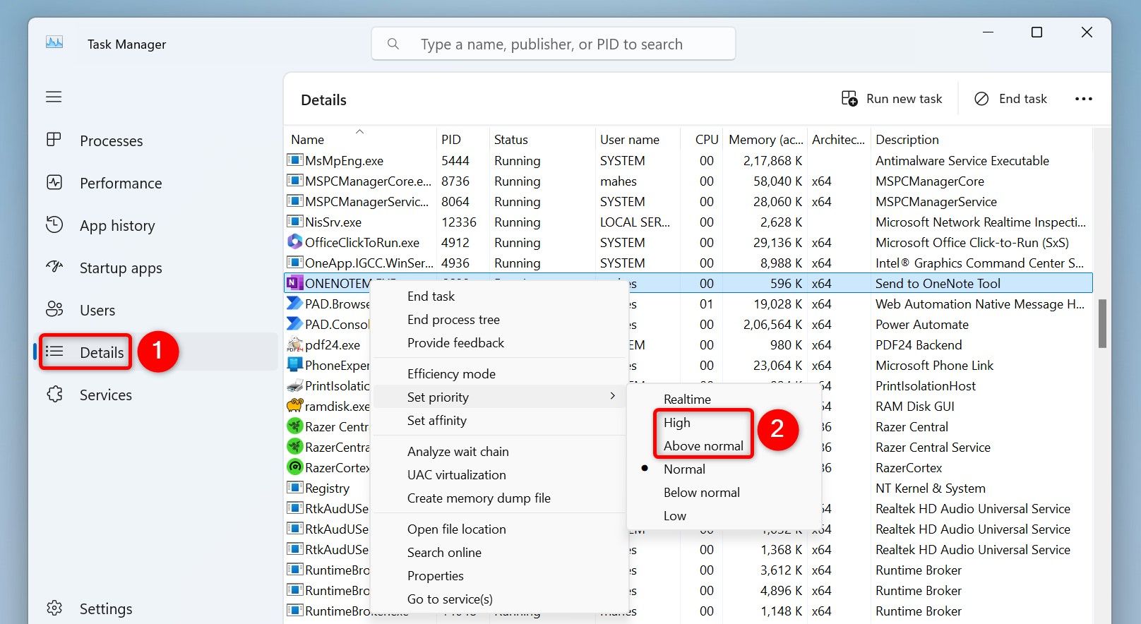 "Details" and "Set Priority" highlighted in Task Manager.