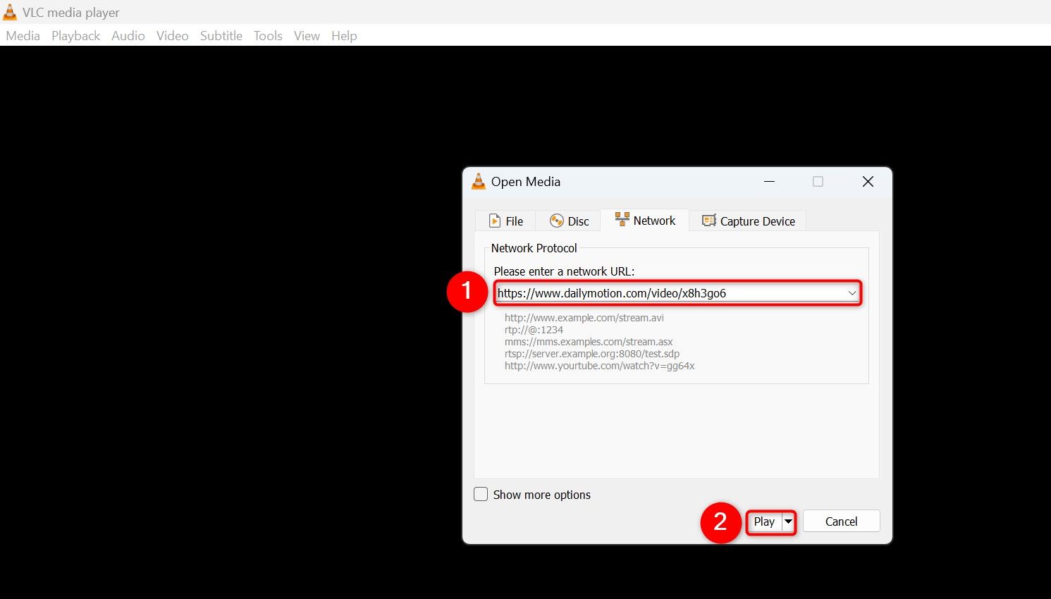 "Please Enter a Network URL" and "Play" highlighted on the "Open Media" window.