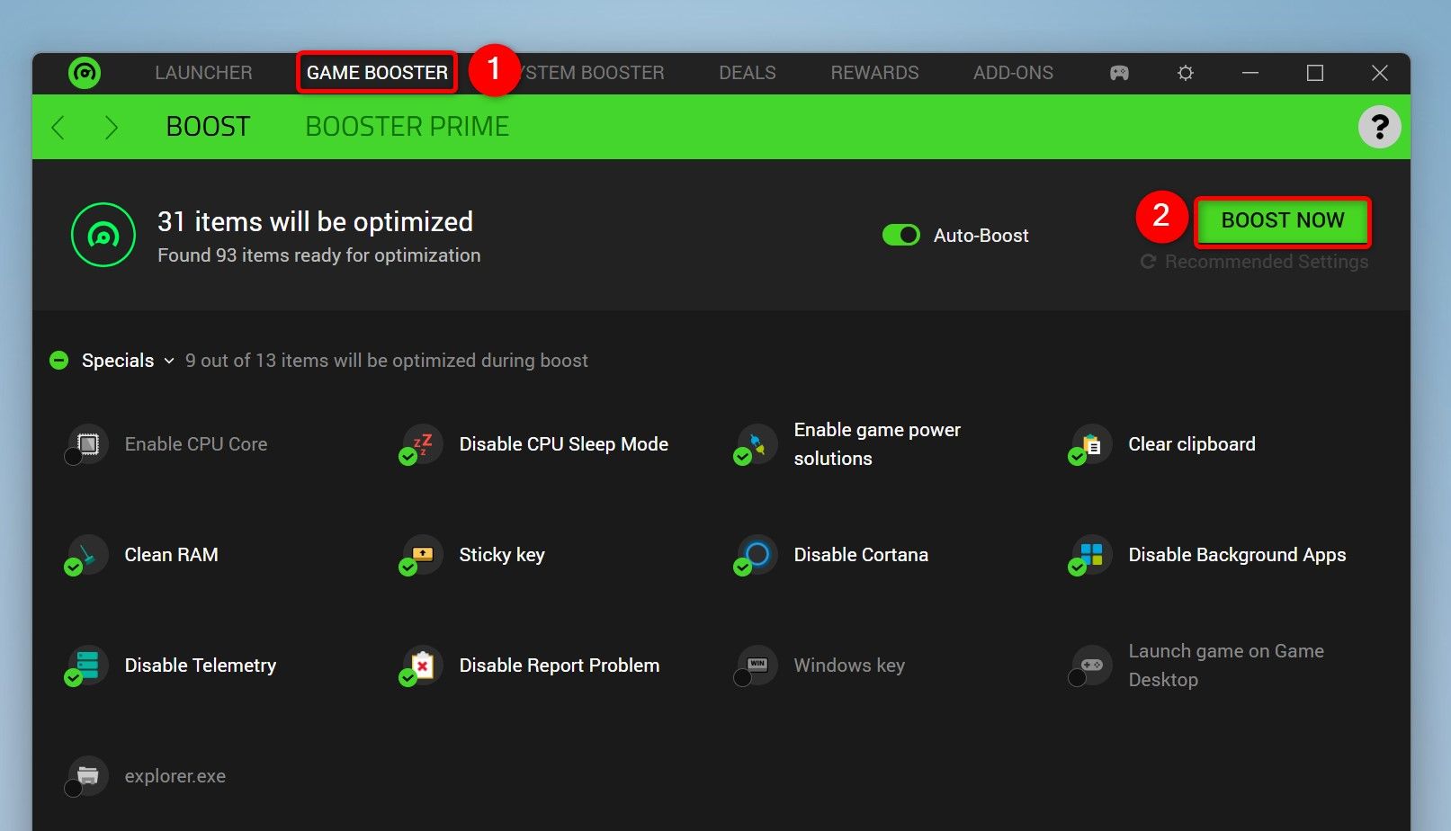 "Game Booster" and "Boost Now" highlighted in Razer Cortex.