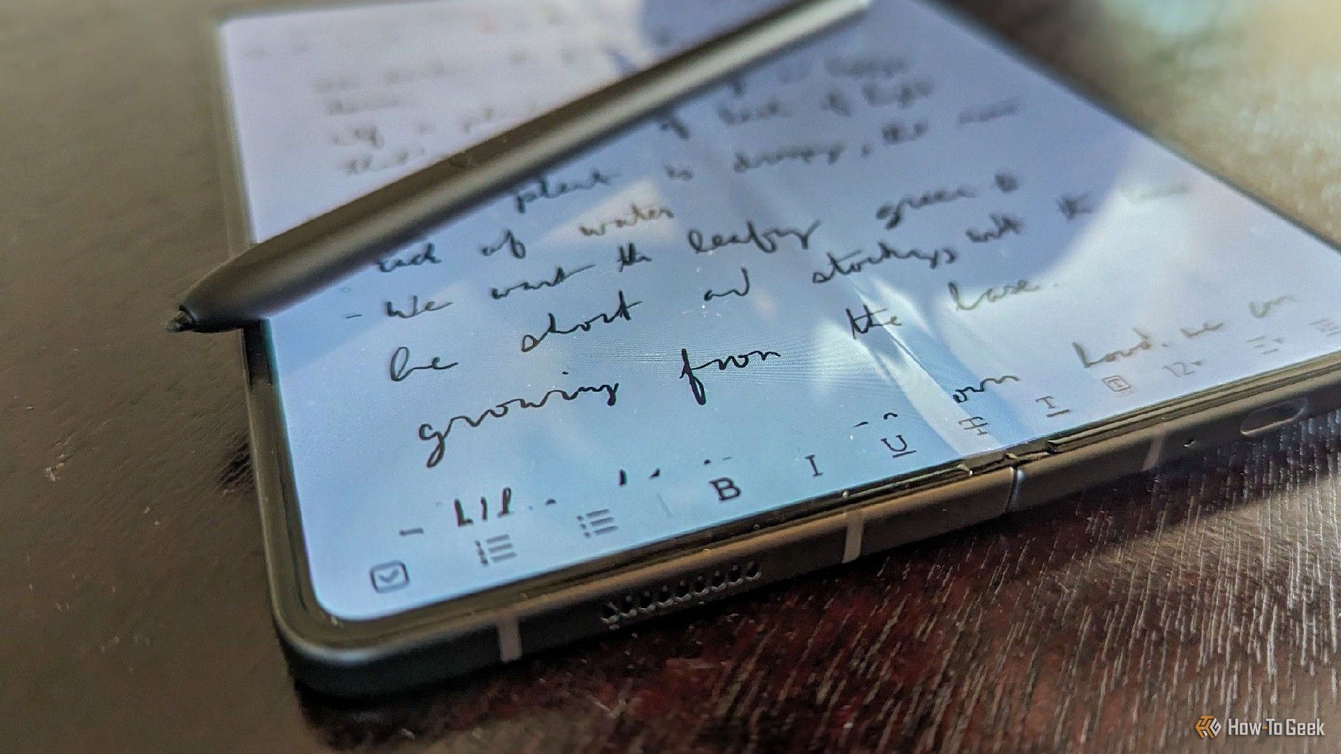 An S Pen resting on top of a Samsung Galaxy Z Fold 5.