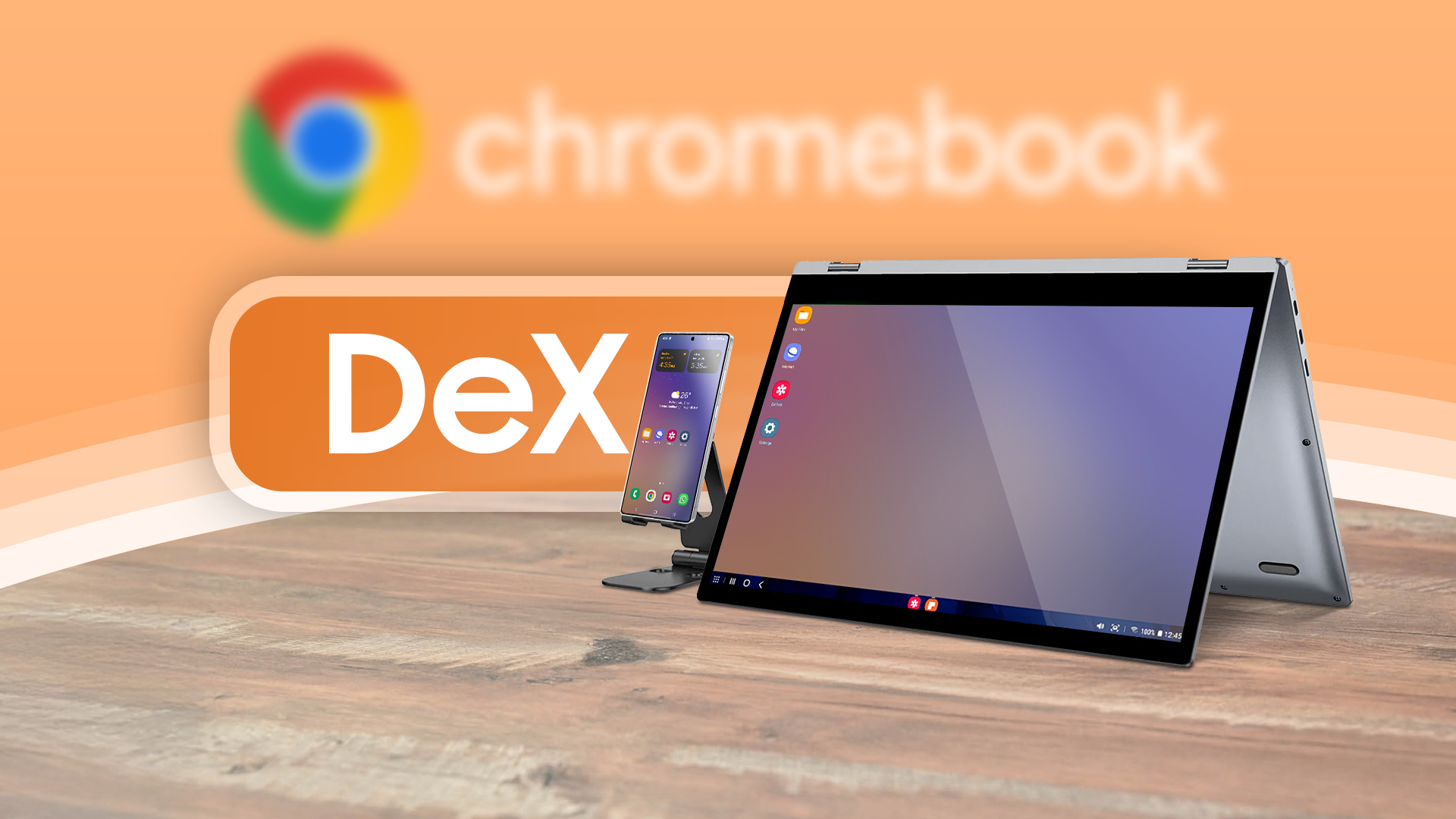A Samsung Galaxy device connected to a monitor running DeX mode, with a DeX logo beside it and a blurred Chromebook logo in the background.