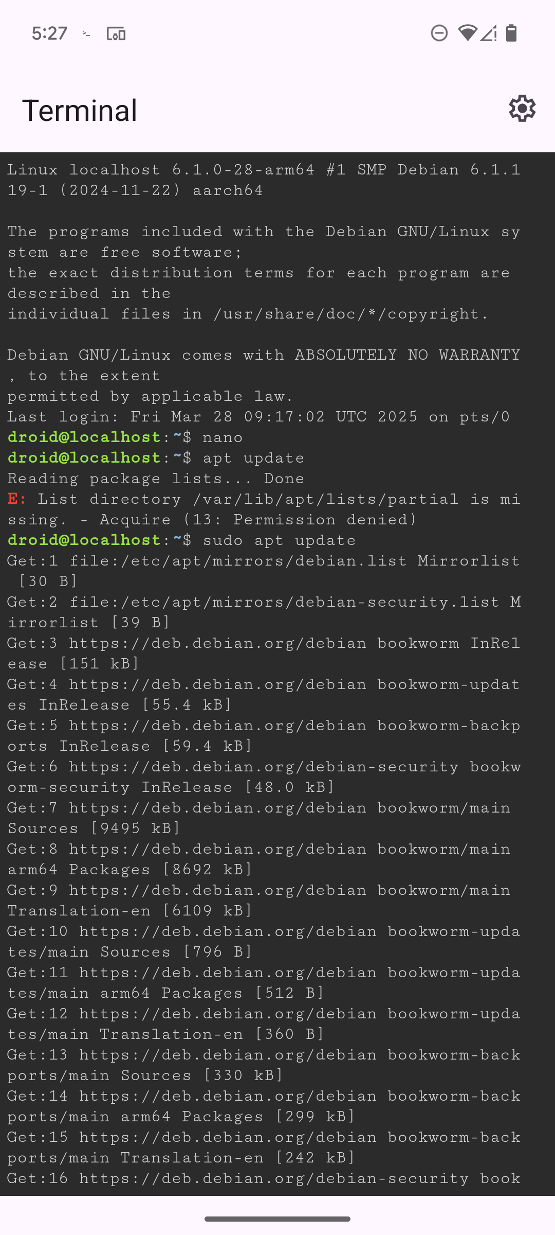 Checking for updates in the Linux Terminal app on a Google Pixel 6.
