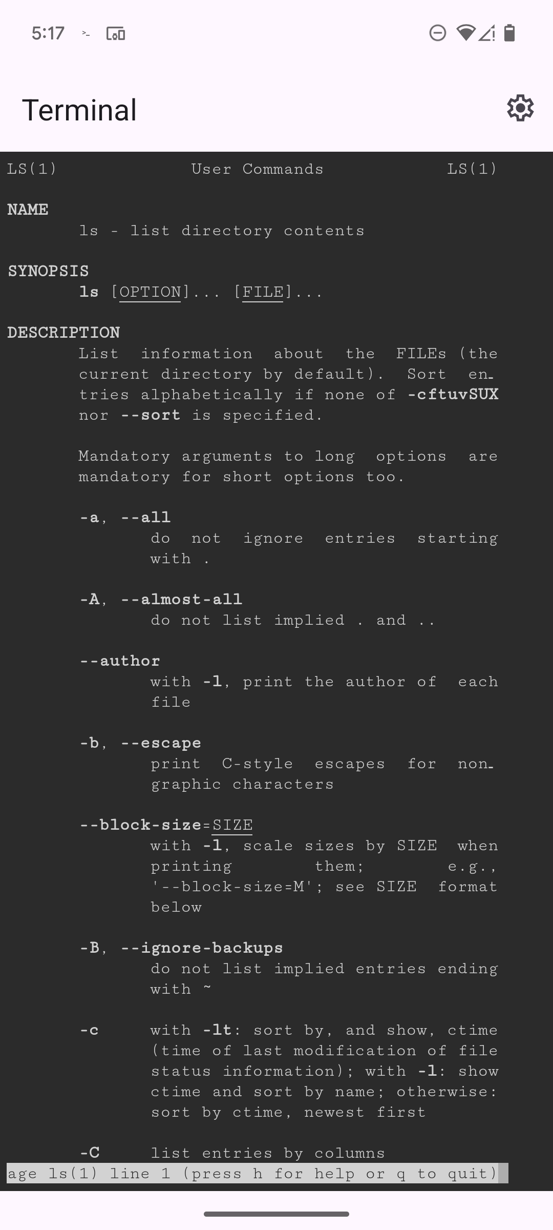 'ls' man page instructions in the Linux Terminal app on a Google Pixel 6.