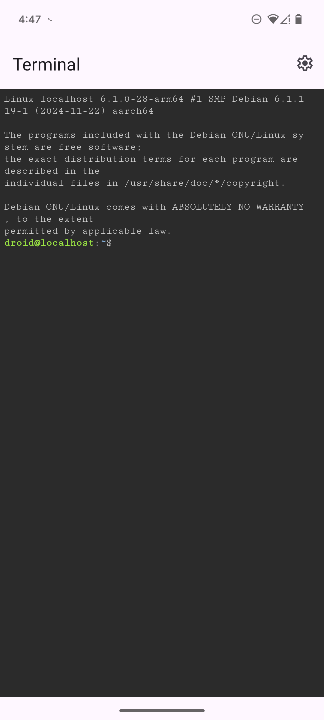 An empty bash prompt in the Linux Terminal app on a Google Pixel 6.