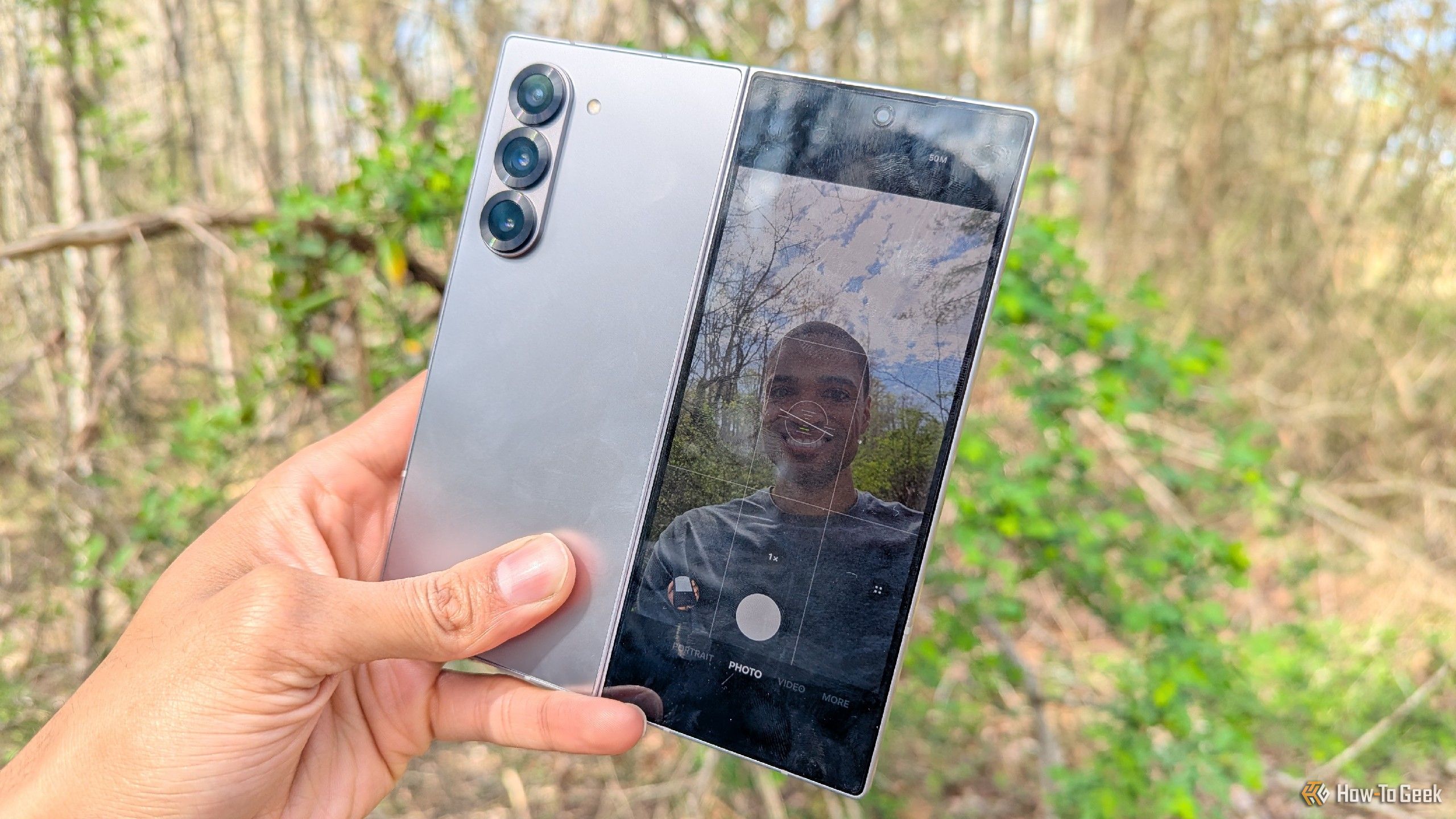 A selfie being taken using the rear camera on a Galaxy Z Fold 6.