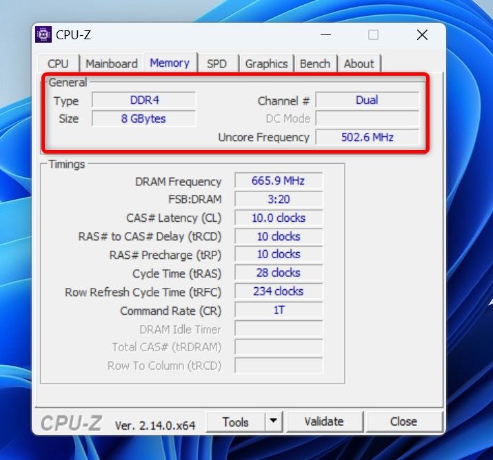 RAM information highlighted in CPU-Z.