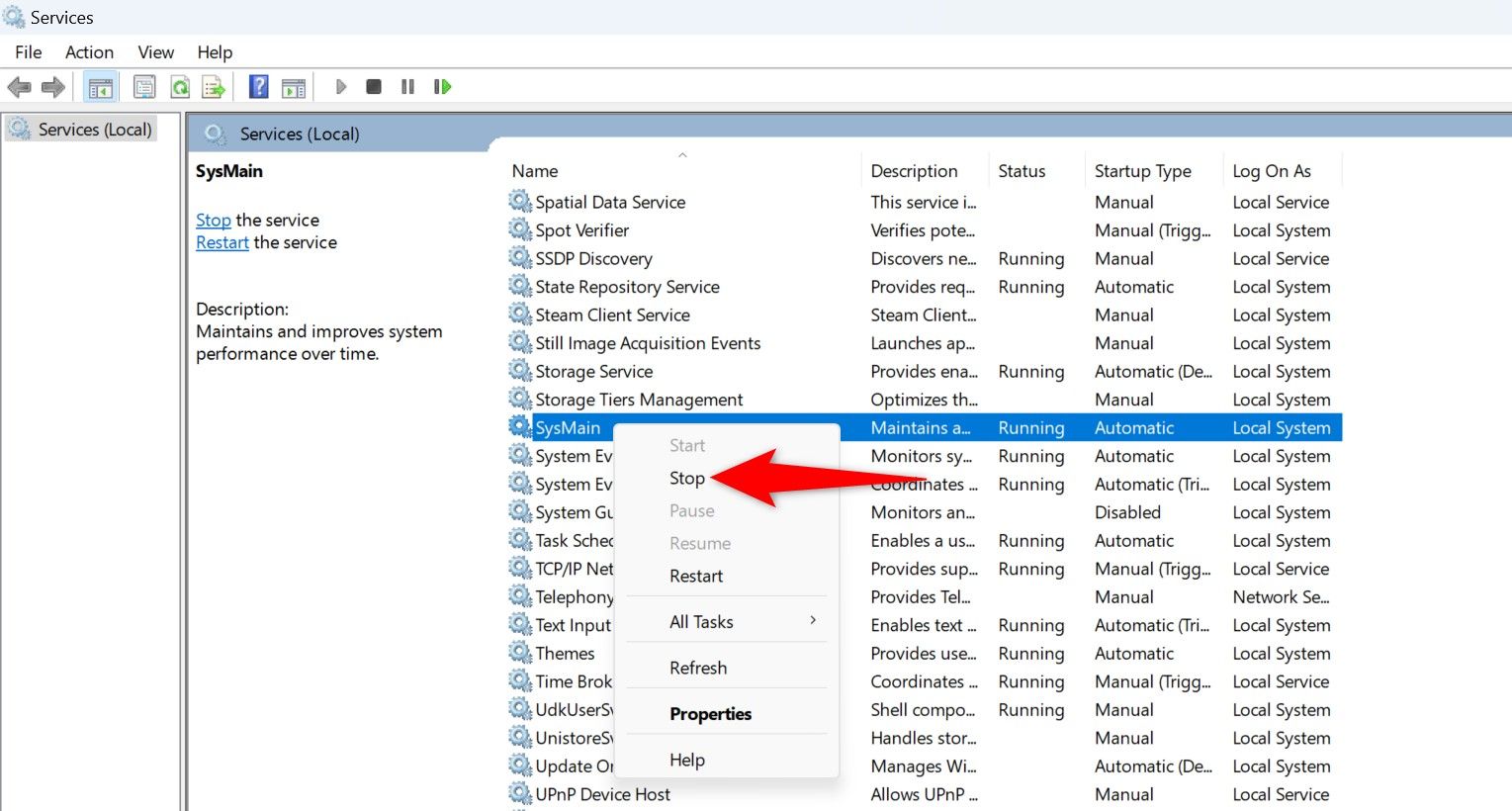 "Stop" highlighted for the SysMain service.