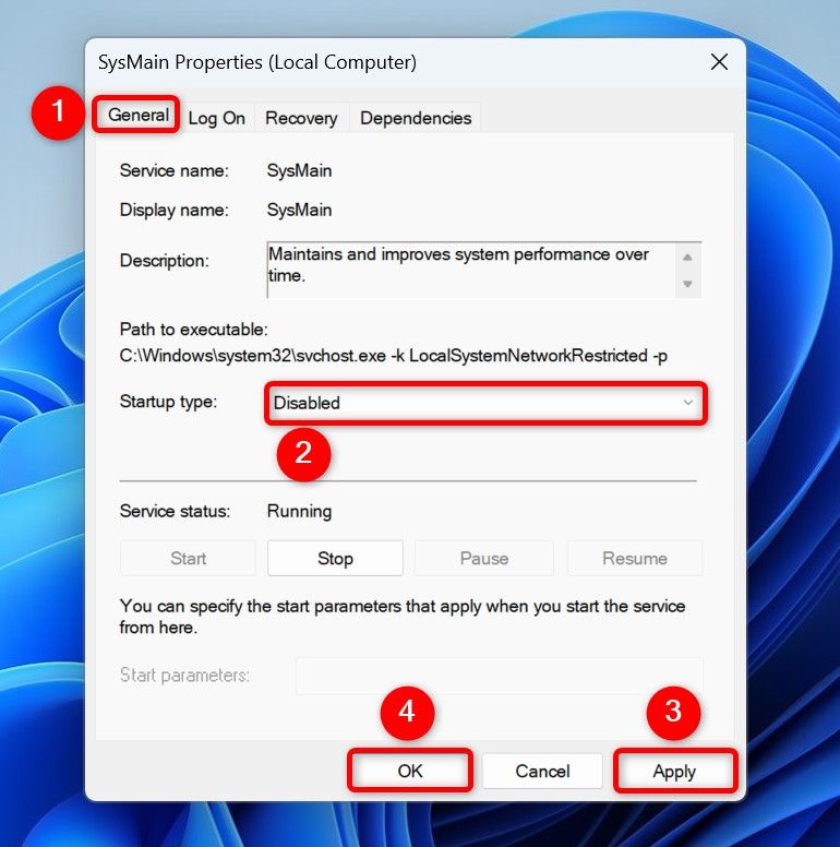 Various options highlighted on the SysMain service's "Properties" window.