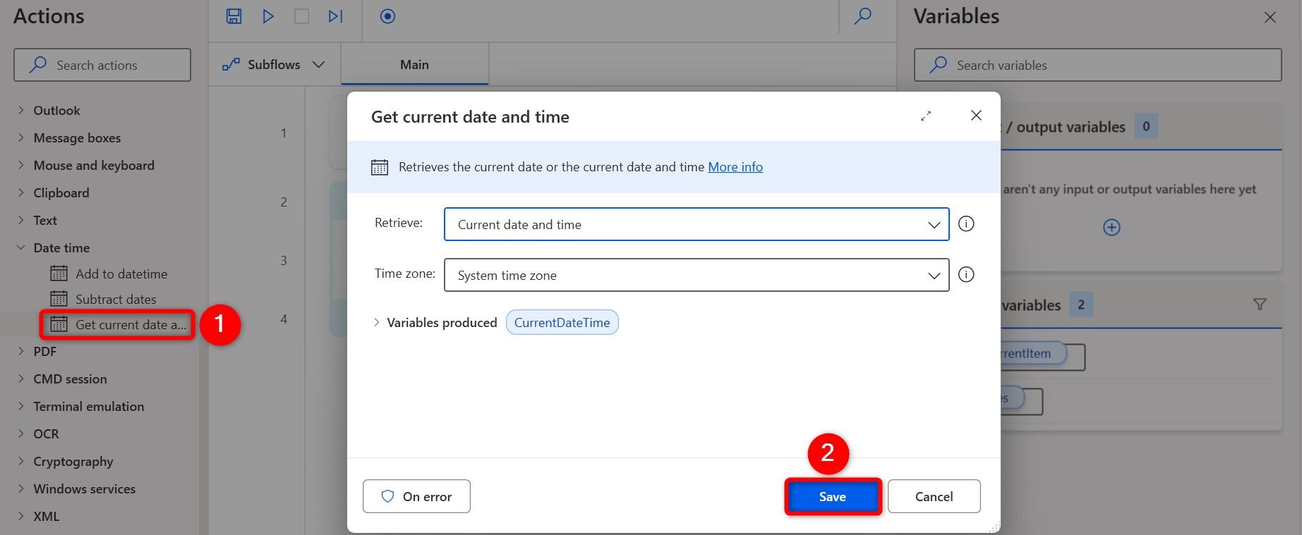 "Save" highlighted on the "Get Current Date and Time" window.
