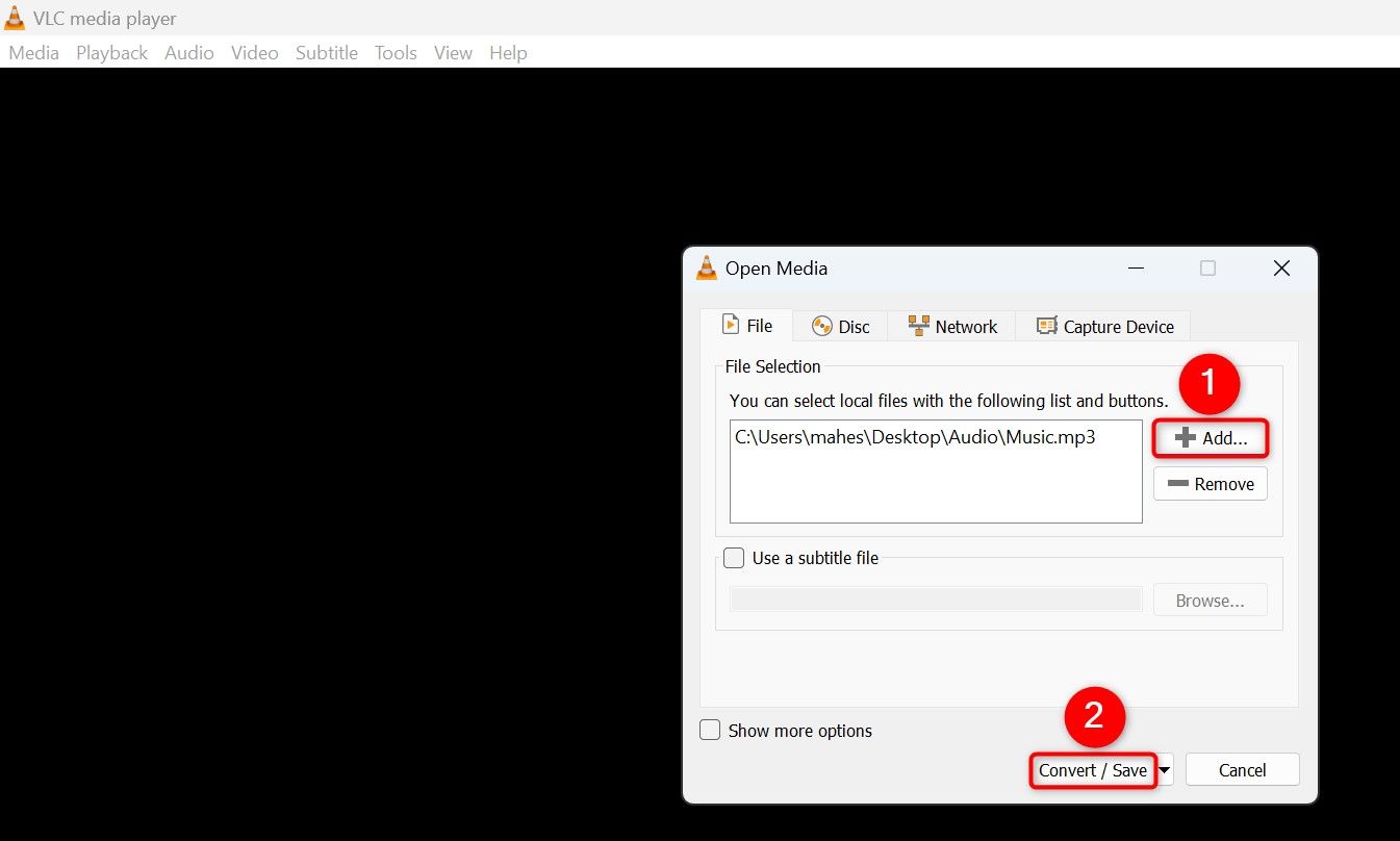 "Add" and "Convert/Save" highlighted on the "Open Media" window.