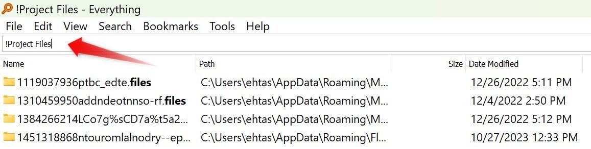 Searching for files with name 'Files' but not 'Project.'