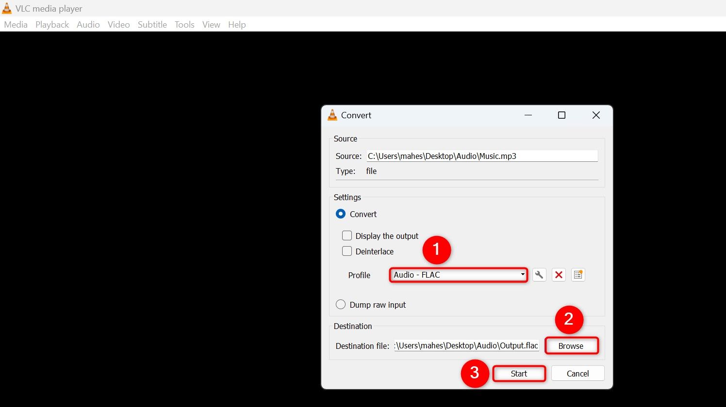"Profile," "Browse," and "Start" highlighted on the "Convert" window.