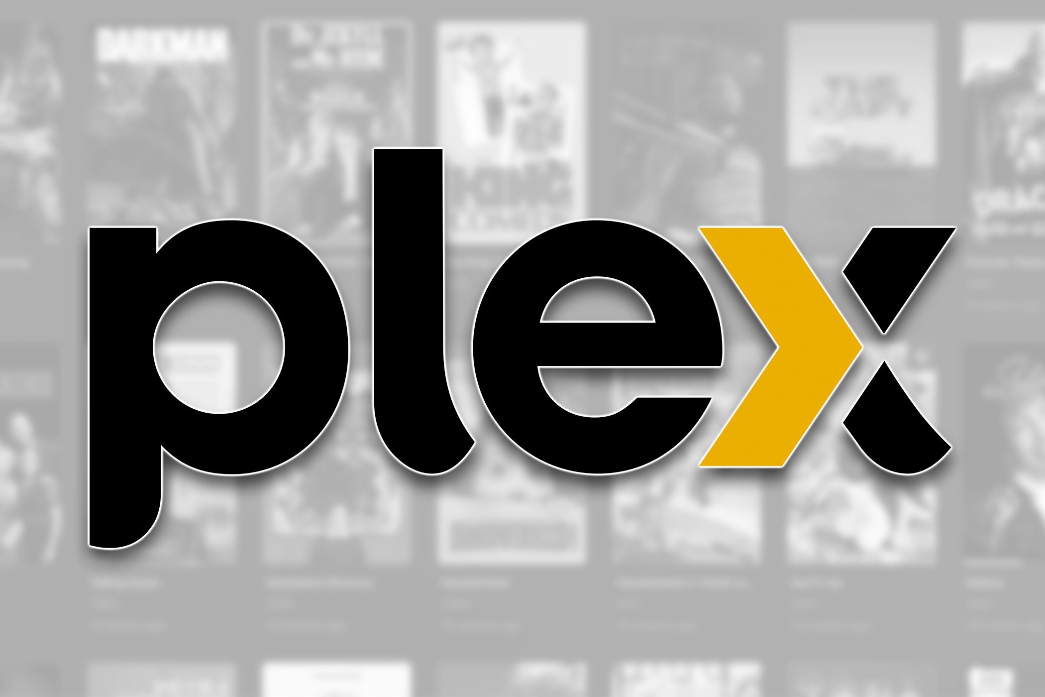 The Plex logo over a screenshot of a Plex movies library.