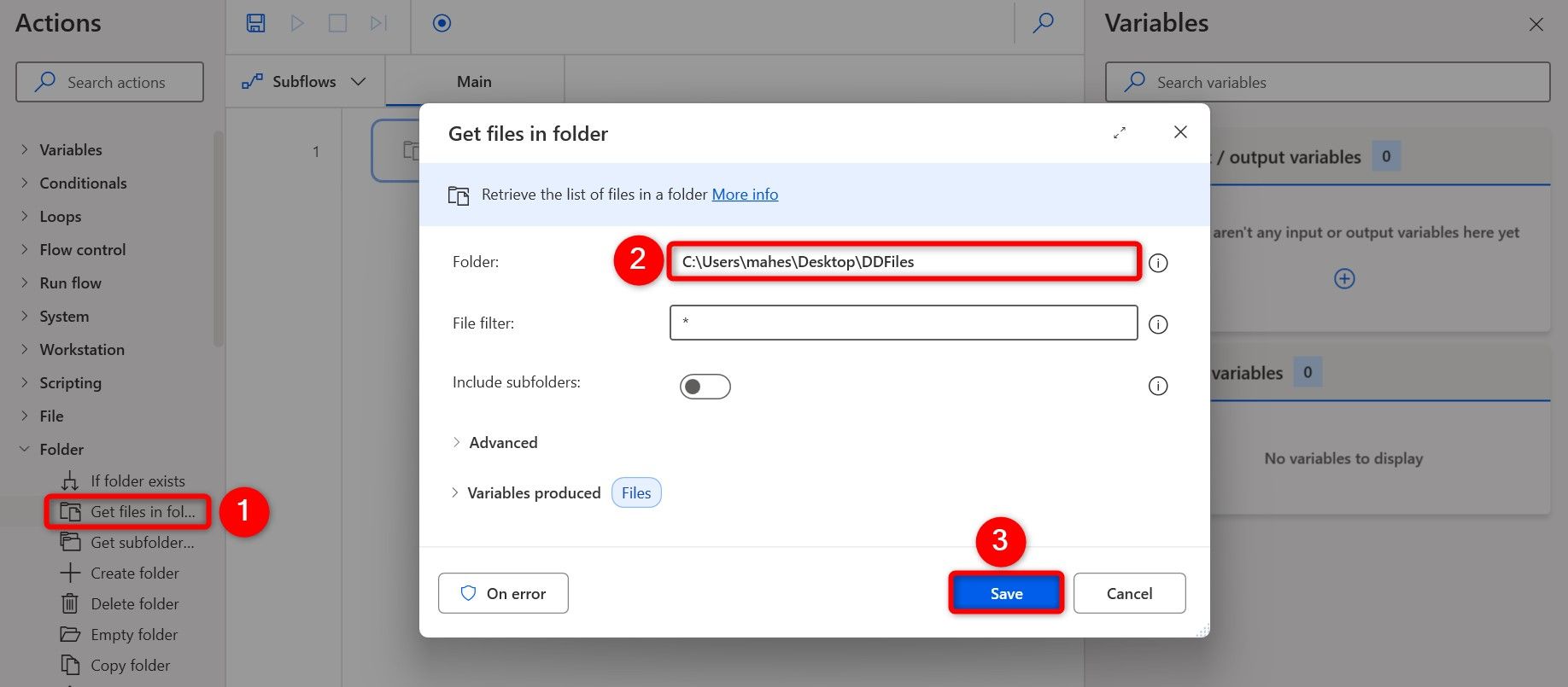 Various options highlighted on the "Get Files in a Folder" window.