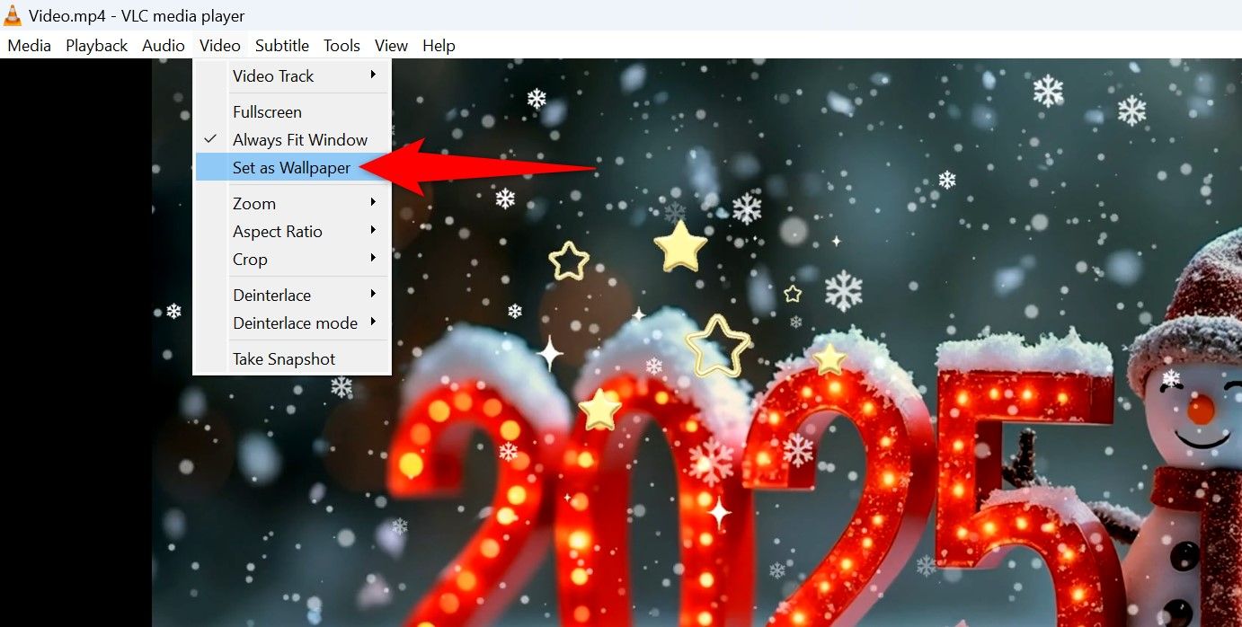 Video > Set as Wallpaper highlighted in VLC.