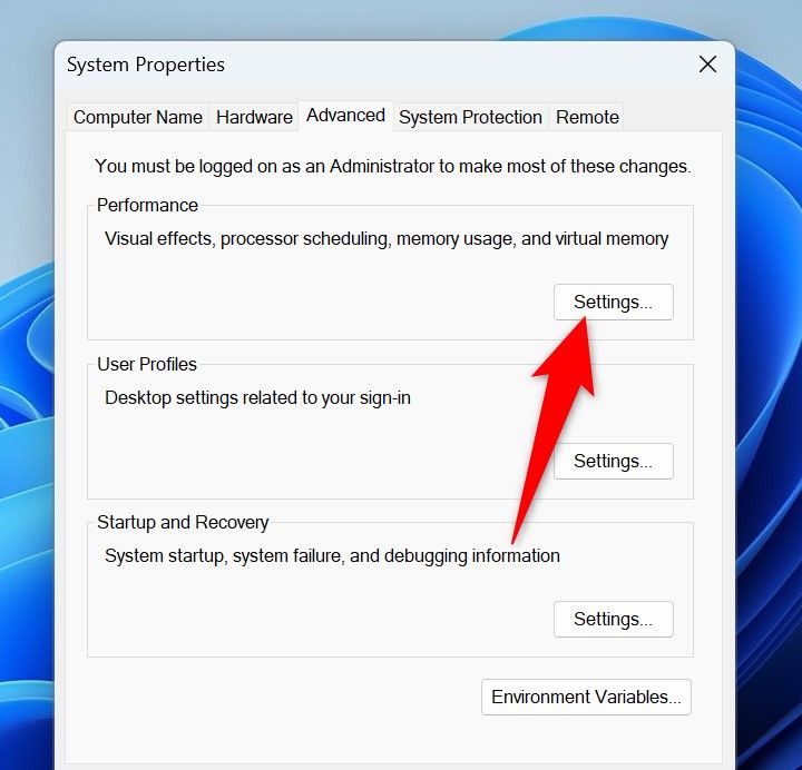 "Settings" highlighted for "Performance" on the "System Properties" window.