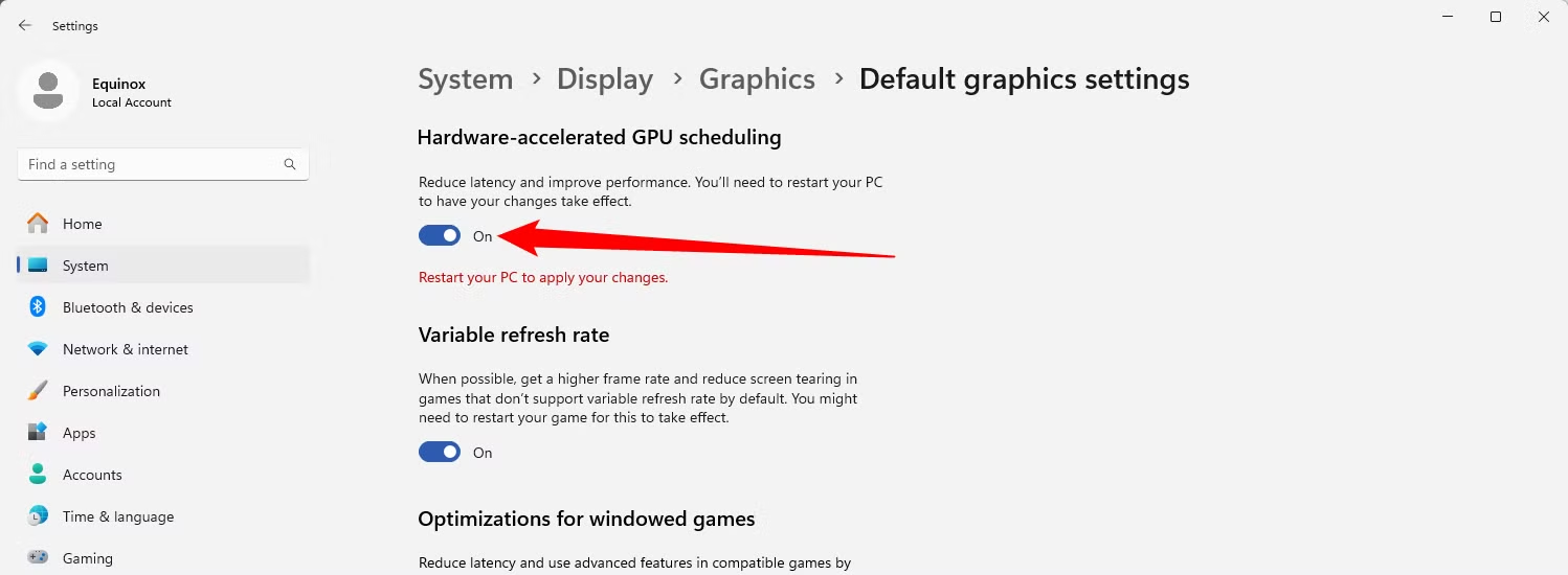"Hardware-Accelerated GPU Scheduling" highlighted in Windows 11 Settings.
