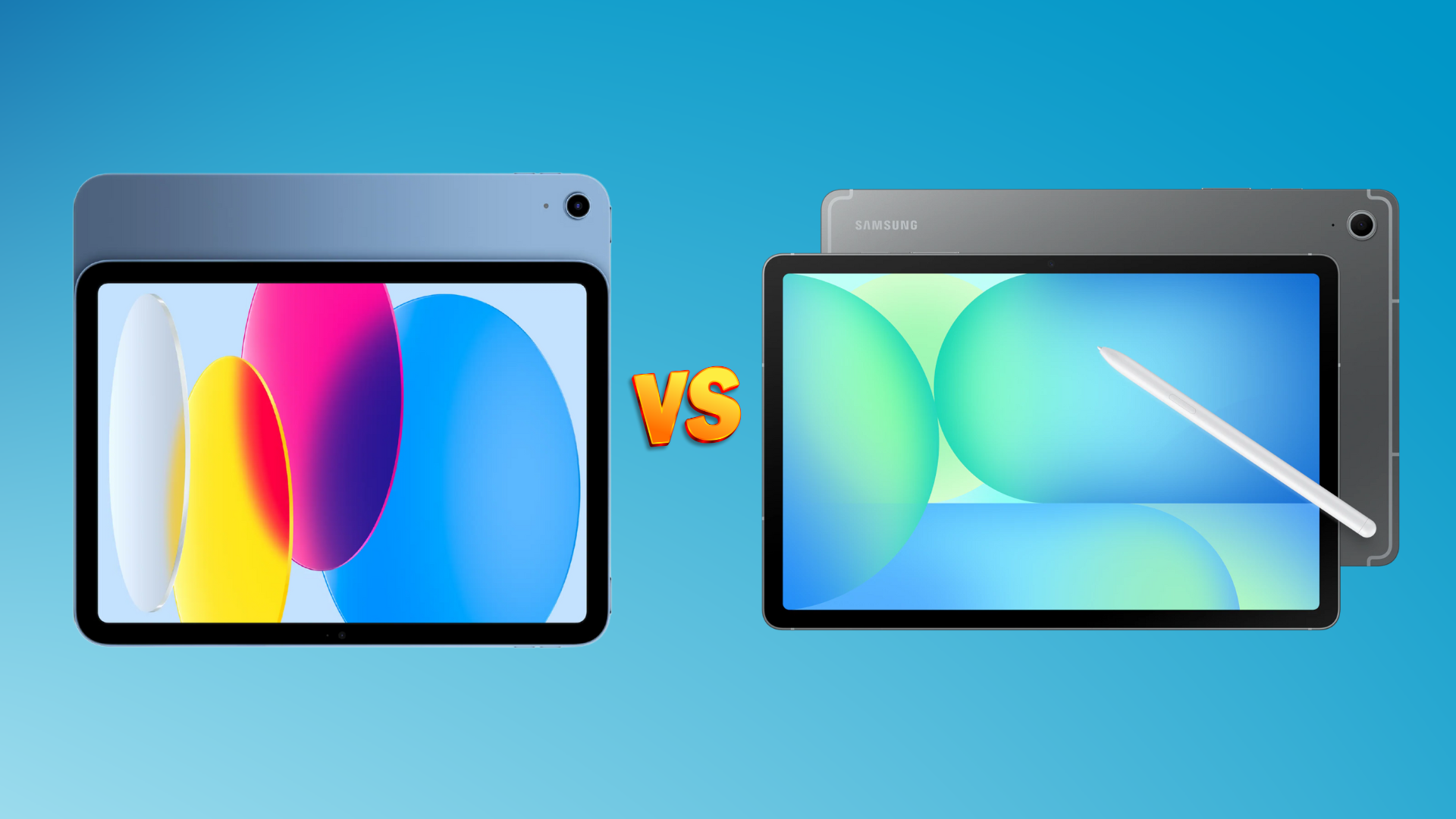 Image of the iPad 11th Gen on the left with the Galaxy S10 FE on the right over a blue gradient background.