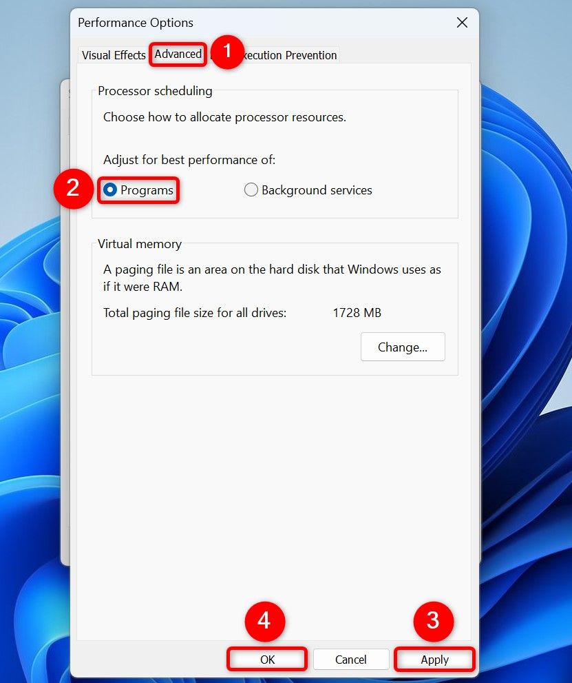 "Advanced," "Programs," "Apply," and "OK" highlighted on the "Performance Options" window.