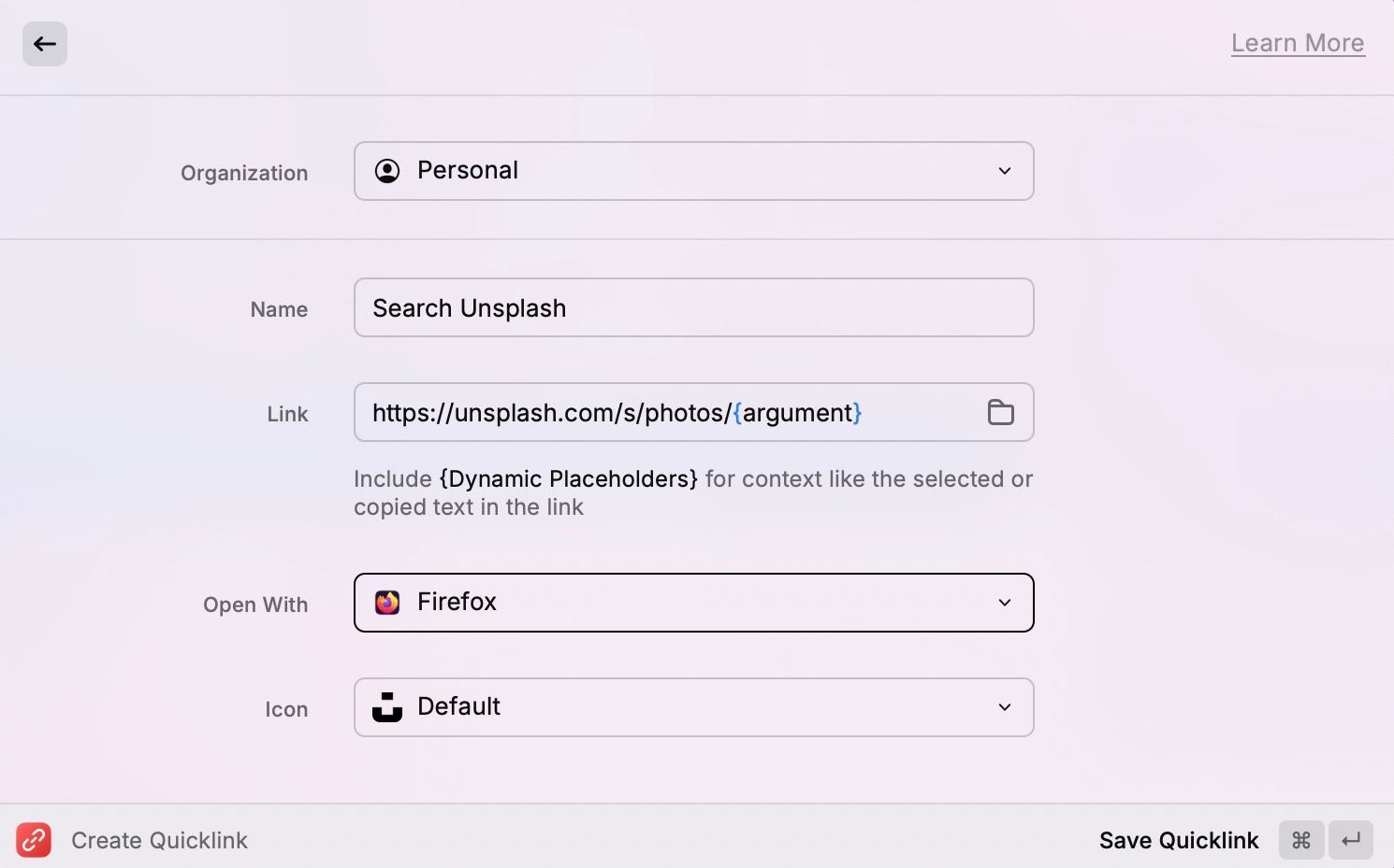 Setting up a built-in Quicklink in Raycast on a Mac.