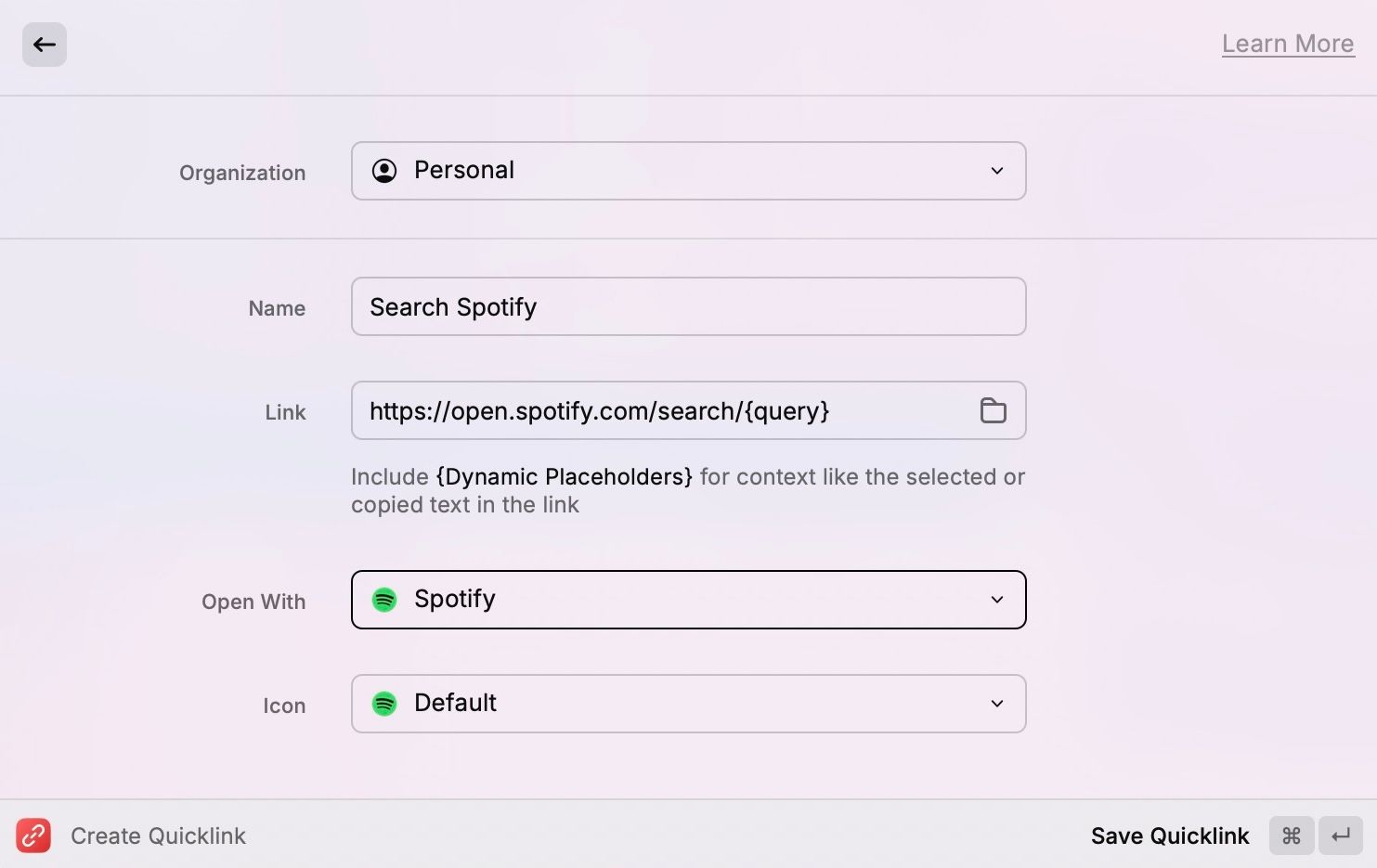 Creating a custom Quicklink in Raycast on a Mac.
