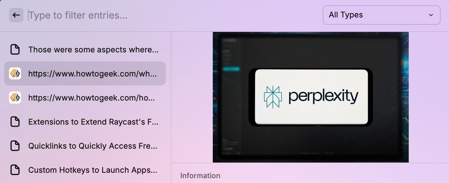 Checking clipboard history in the Raycast search on a Mac.