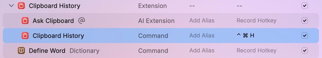 Assigning a hotkey to Raycast's Clipboard History action.