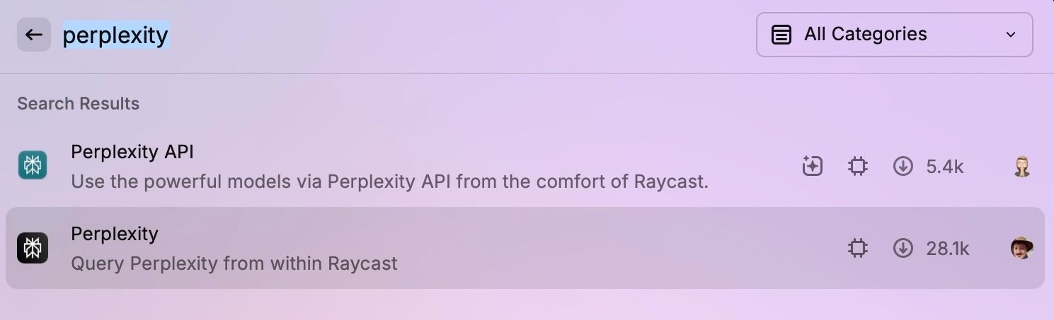 Looking up and installing the Perplexity chatbot extension via Raycast search.