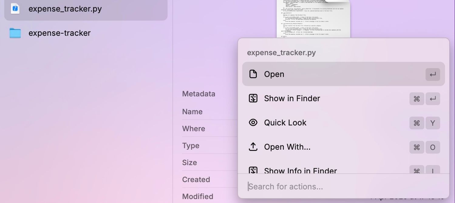 Actions available upon selecting a file in Raycast search.