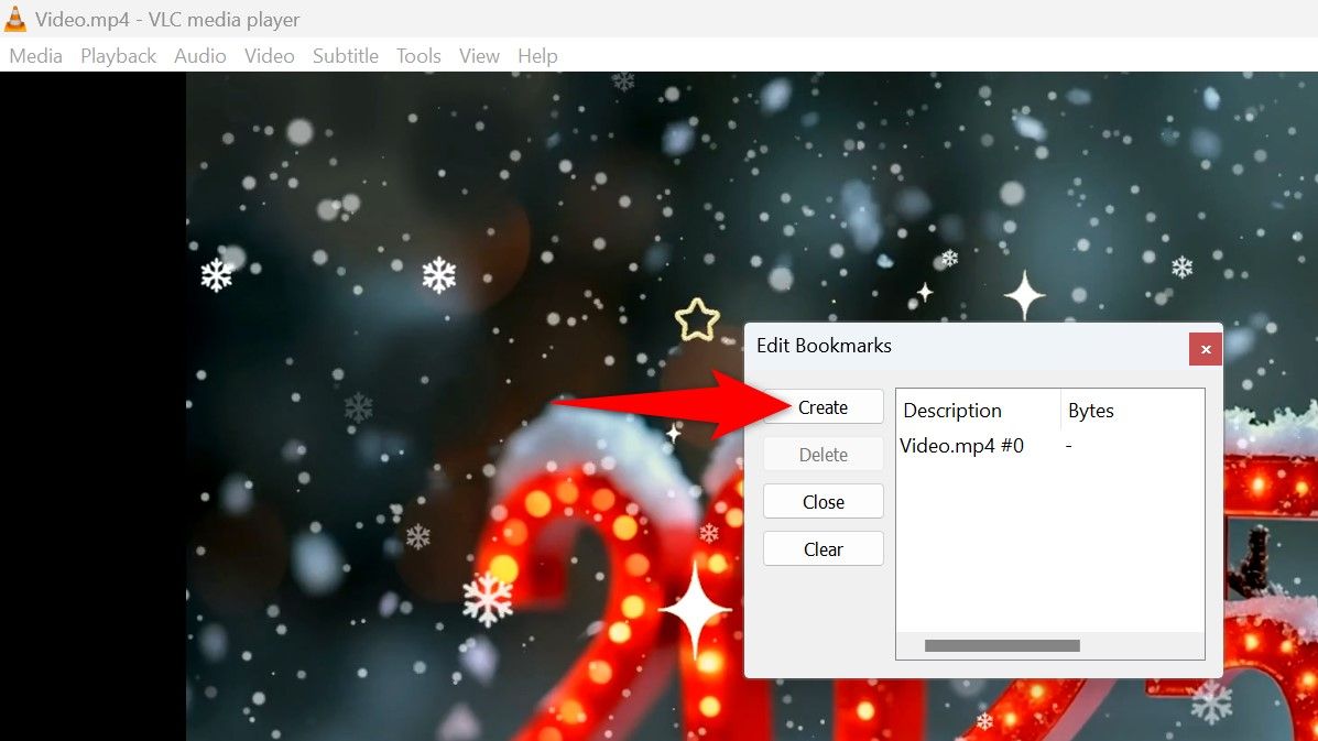 "Create" highlighted on the "Edit Bookmarks" window.