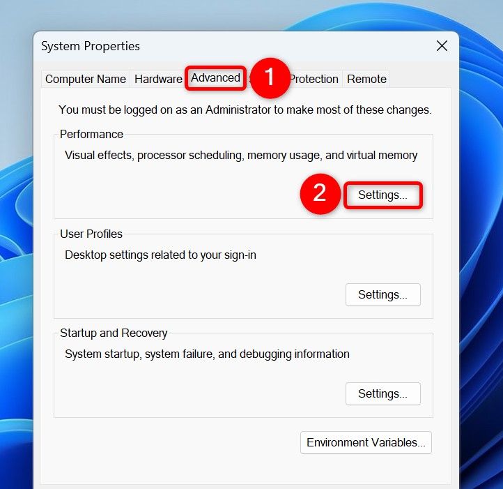 "Advanced" and "Settings" highlighted on the "System Properties" window.