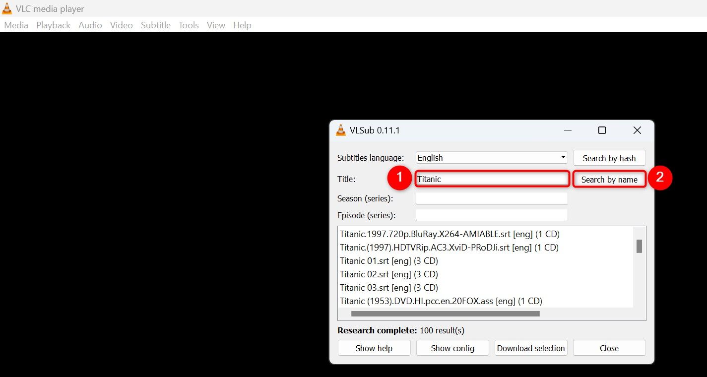 "Title" and "Search by Name" highlighted on the "VLSub" window.