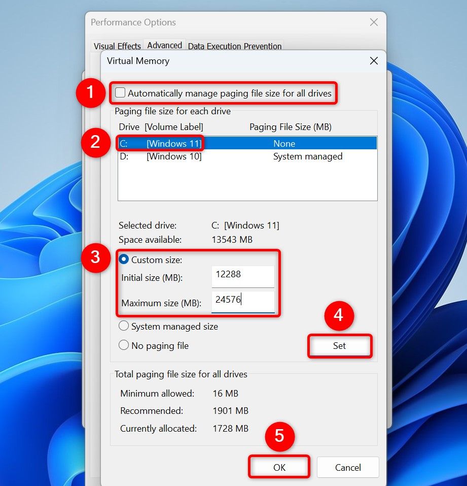 Various options highlighted on the "Virtual Memory" window.