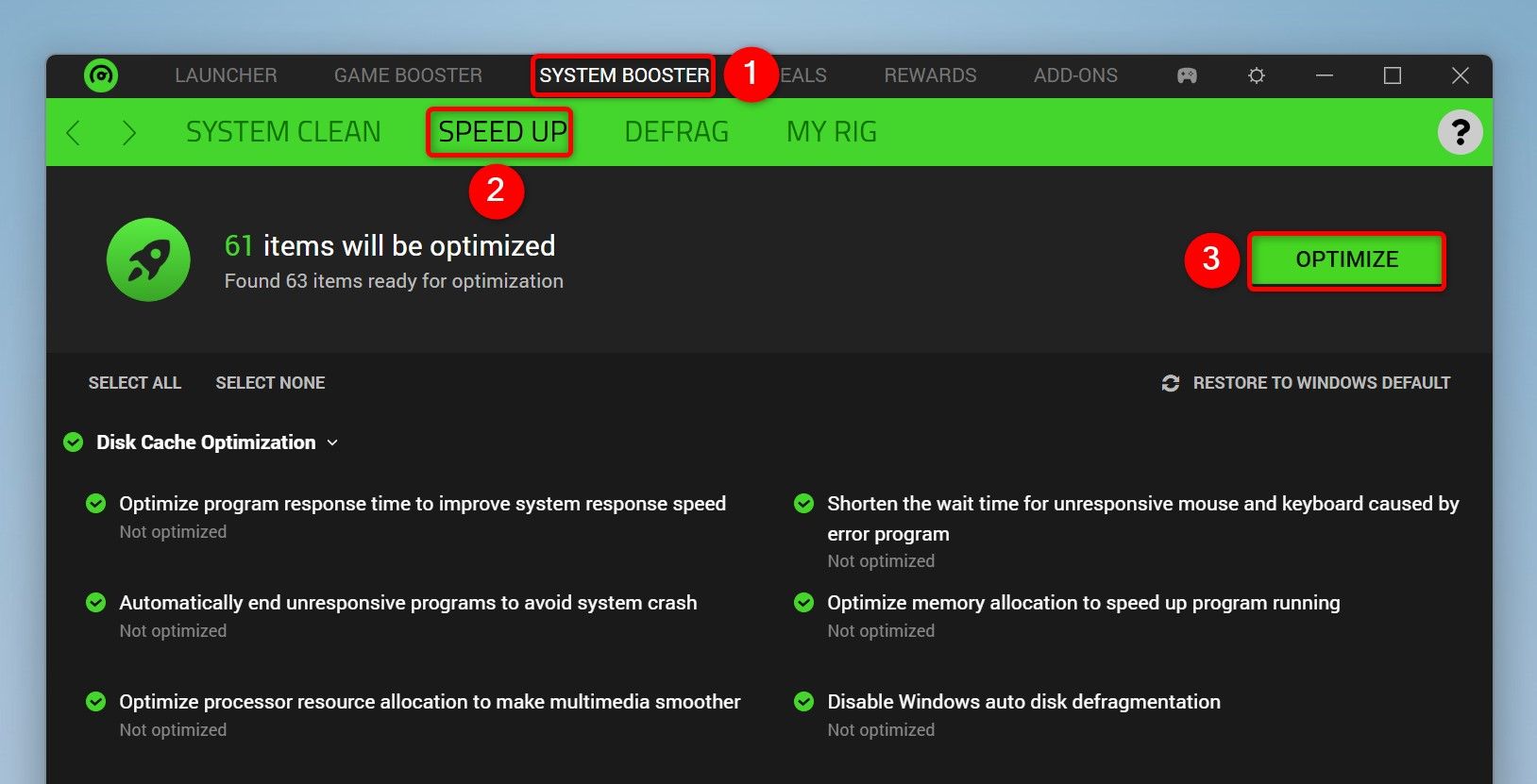 "System Booster," "Speed Up," and "Optimize" highlighted in Razer Cortex.