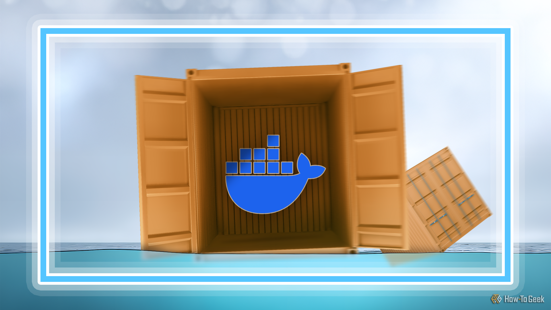 A container floating in the sea with the Docker logo inside it.