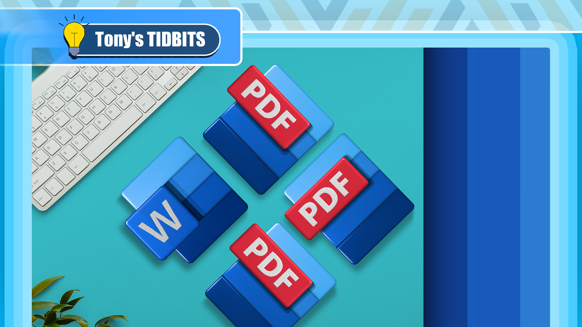 A desk with the Word logo and some PDFs next to it.