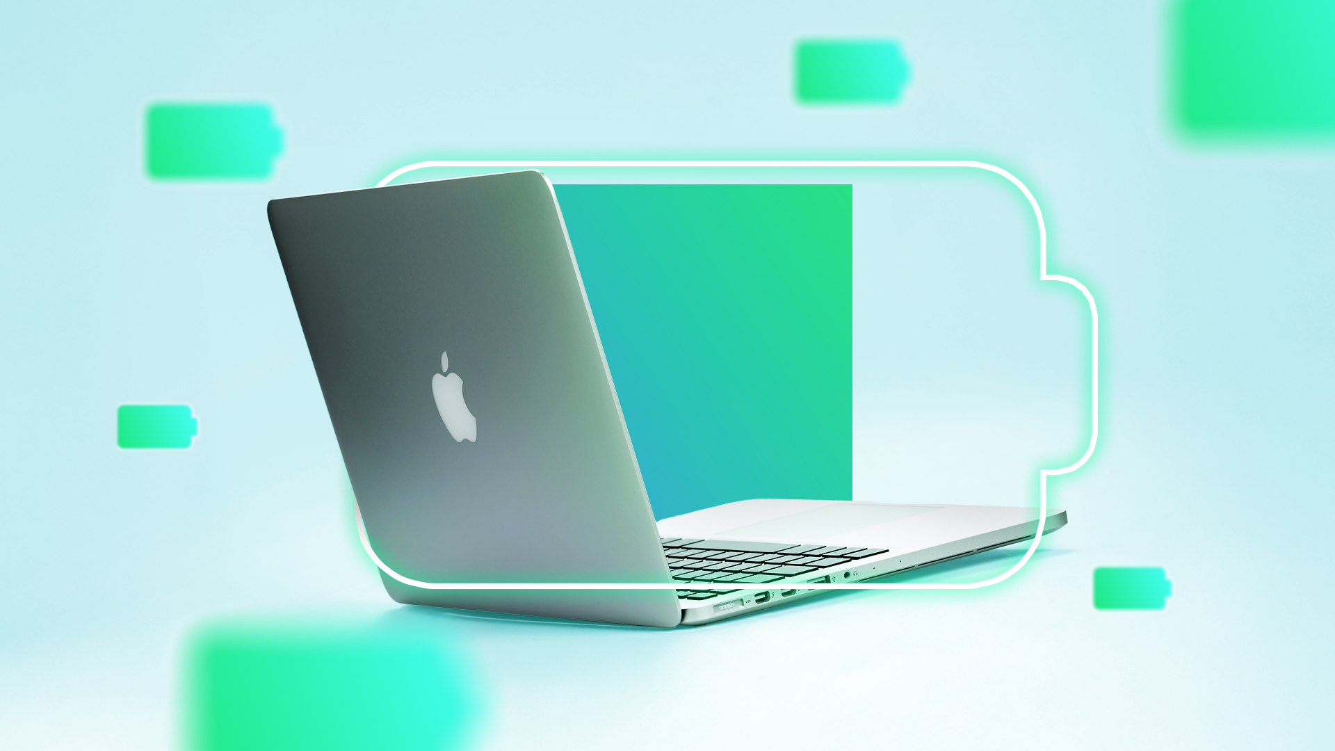 A MacBook with a battery icon in the background.