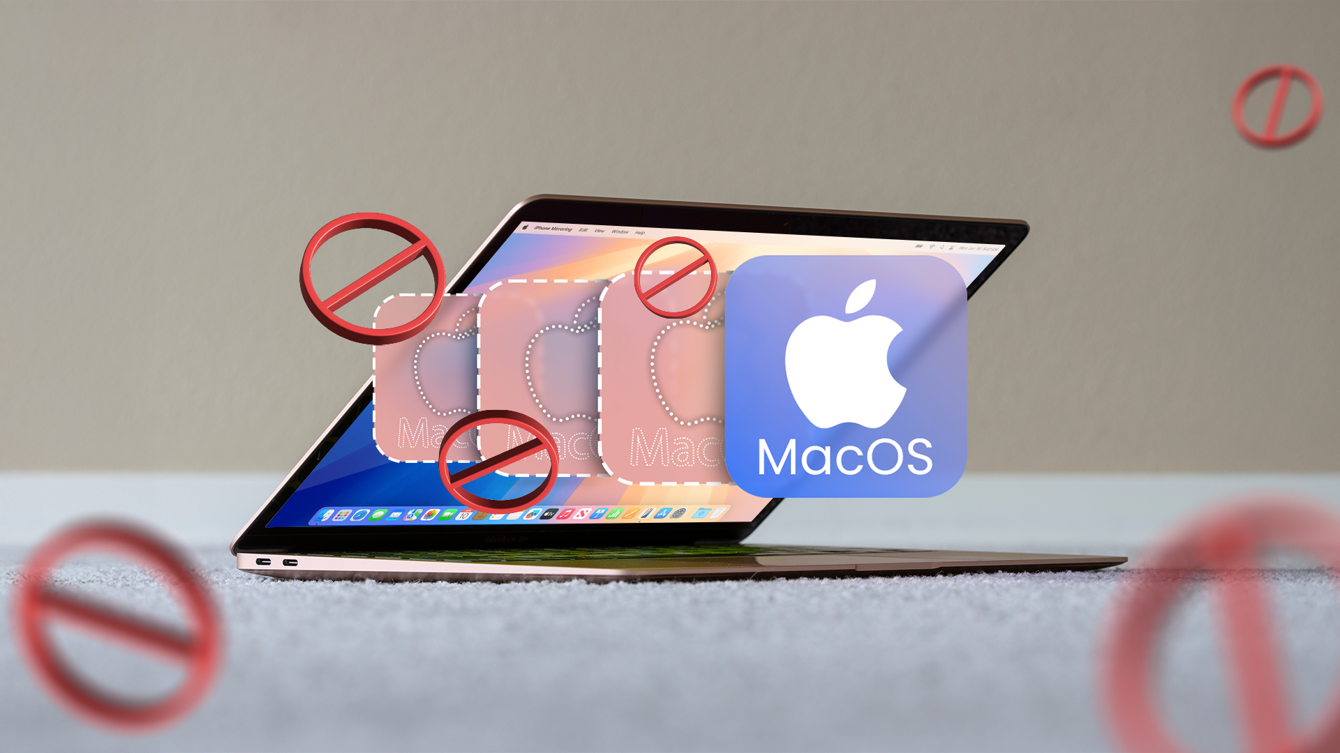 A MacBook with an animated Mac logo in the foreground and some disabled icons around it.