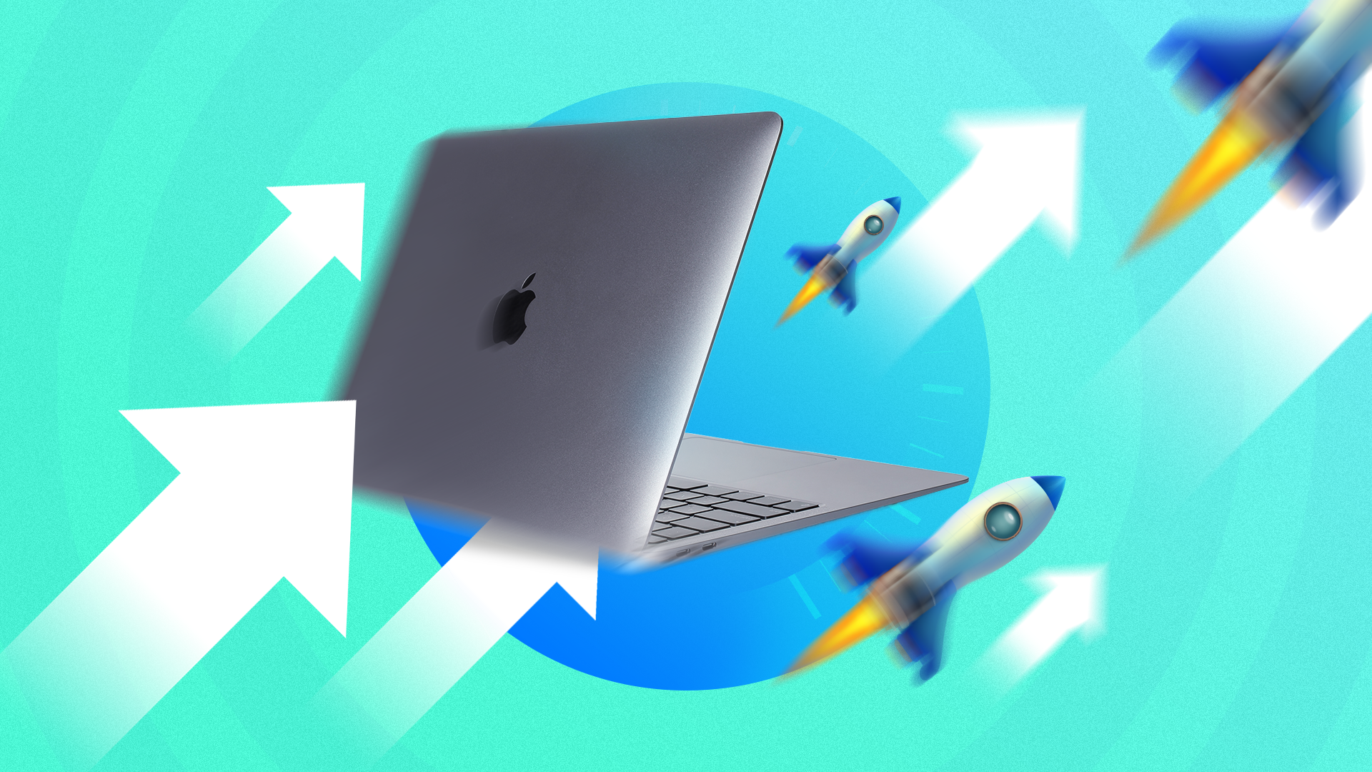 A MacBook with upward arrows and rockets around it.