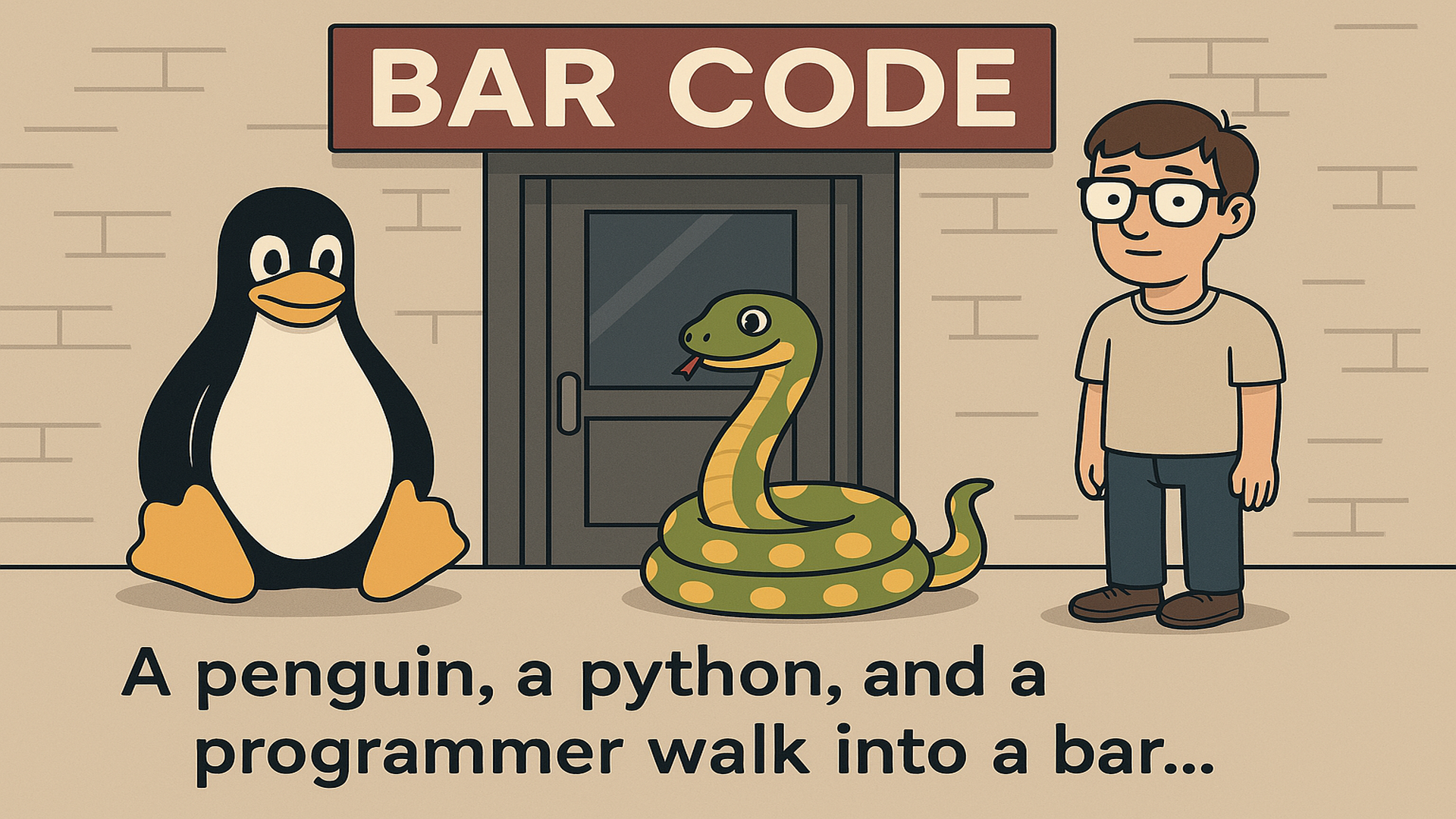 A penguin and a python and a programmer standing outside a bar.